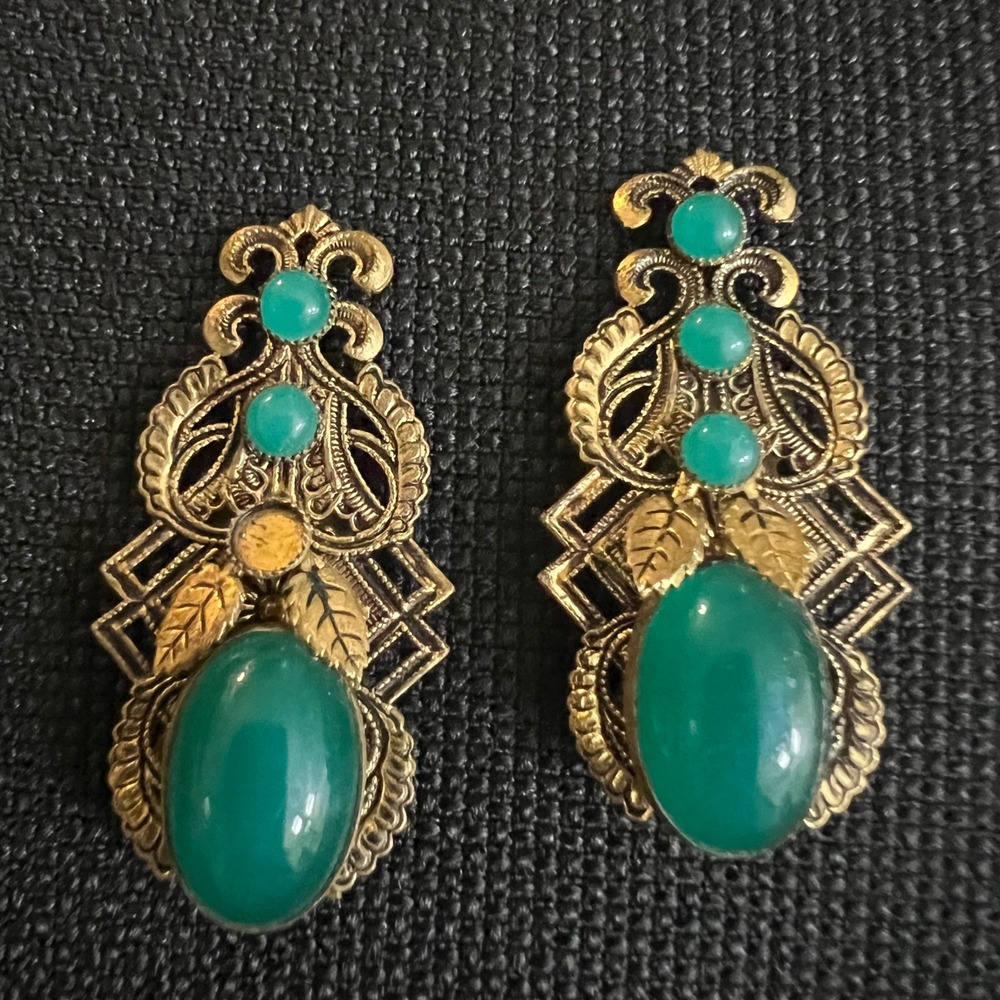 Vintage Art Deco Green Cabochon Brass Dress Clips Pair 1.75 Inch Dark Academia
